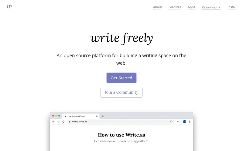 Screenshot of the WriteFreely homepage