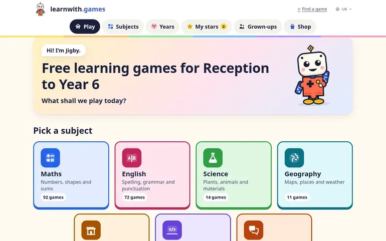 Screenshot of the learnwith.games homepage