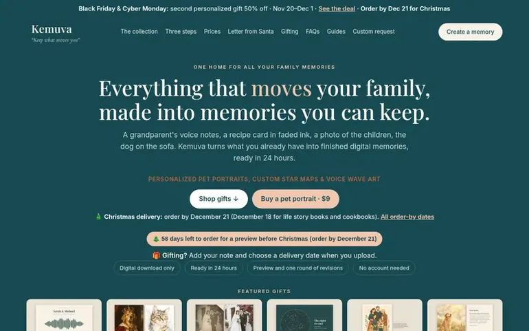 Screenshot of the Kemuva homepage