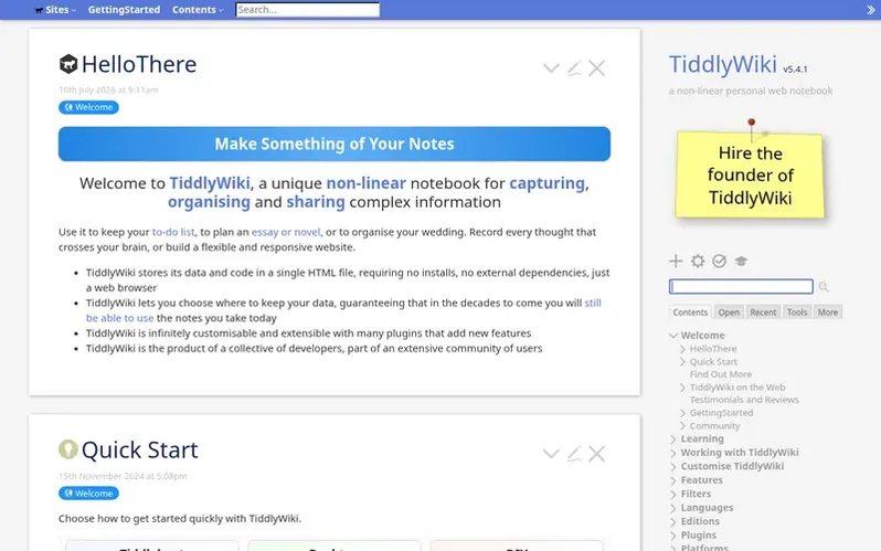 Screenshot of the TiddlyWiki homepage