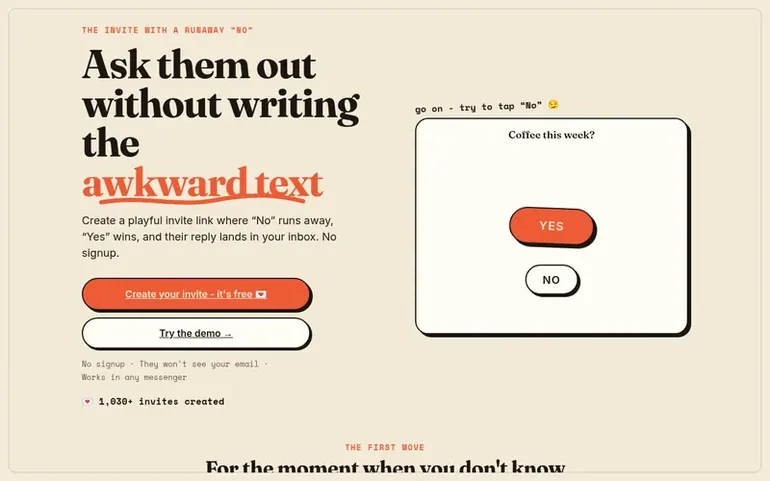 Screenshot of the JustSayYesToMe homepage